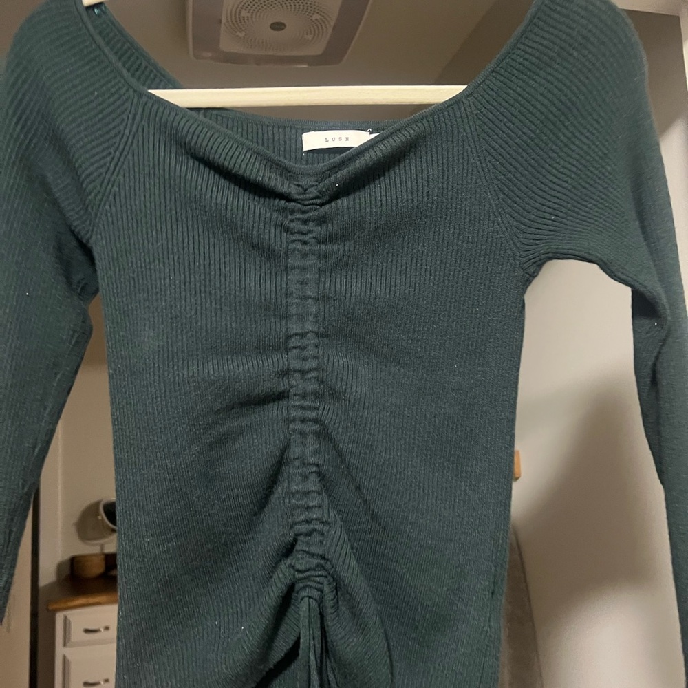 Lush Green Off-the-Shoulder Sweater with Ruched Detail